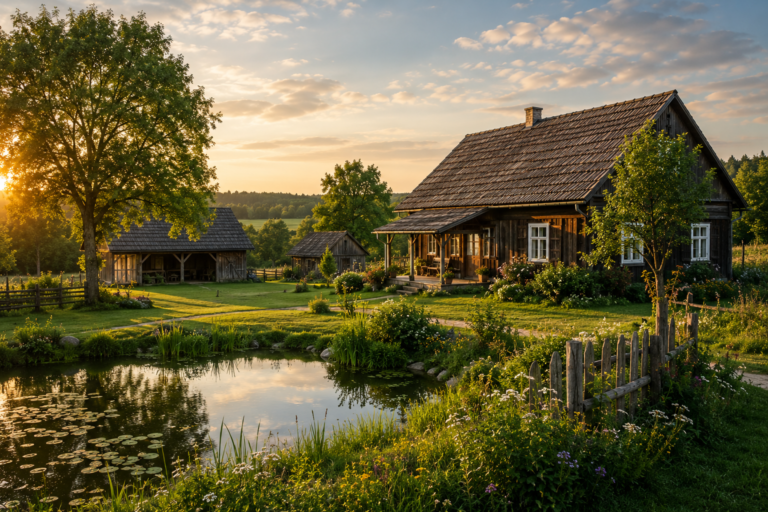 Siedlisko nad stawem o zachodzie słońca